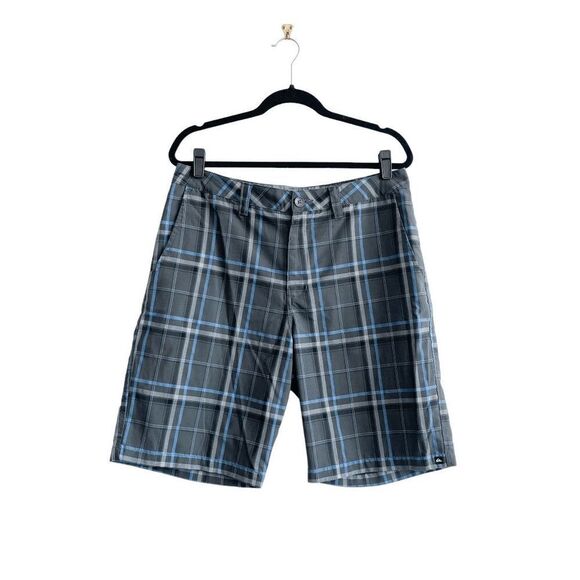 Quiksilver Gray and Blue Plaid Men's Flat Front Shorts - Picture 1 of 10